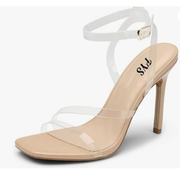 FYS Clear Square Toe Stiletto Sandals Transparent Ankle Strap High Heels Shoes - Picture 1 of 8